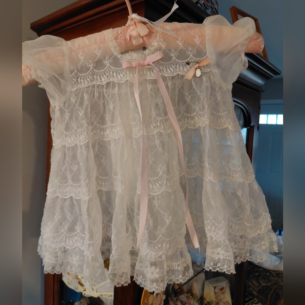 Vintage 1950s Lace Baby Girl Christening Dress with Pink Ribbon